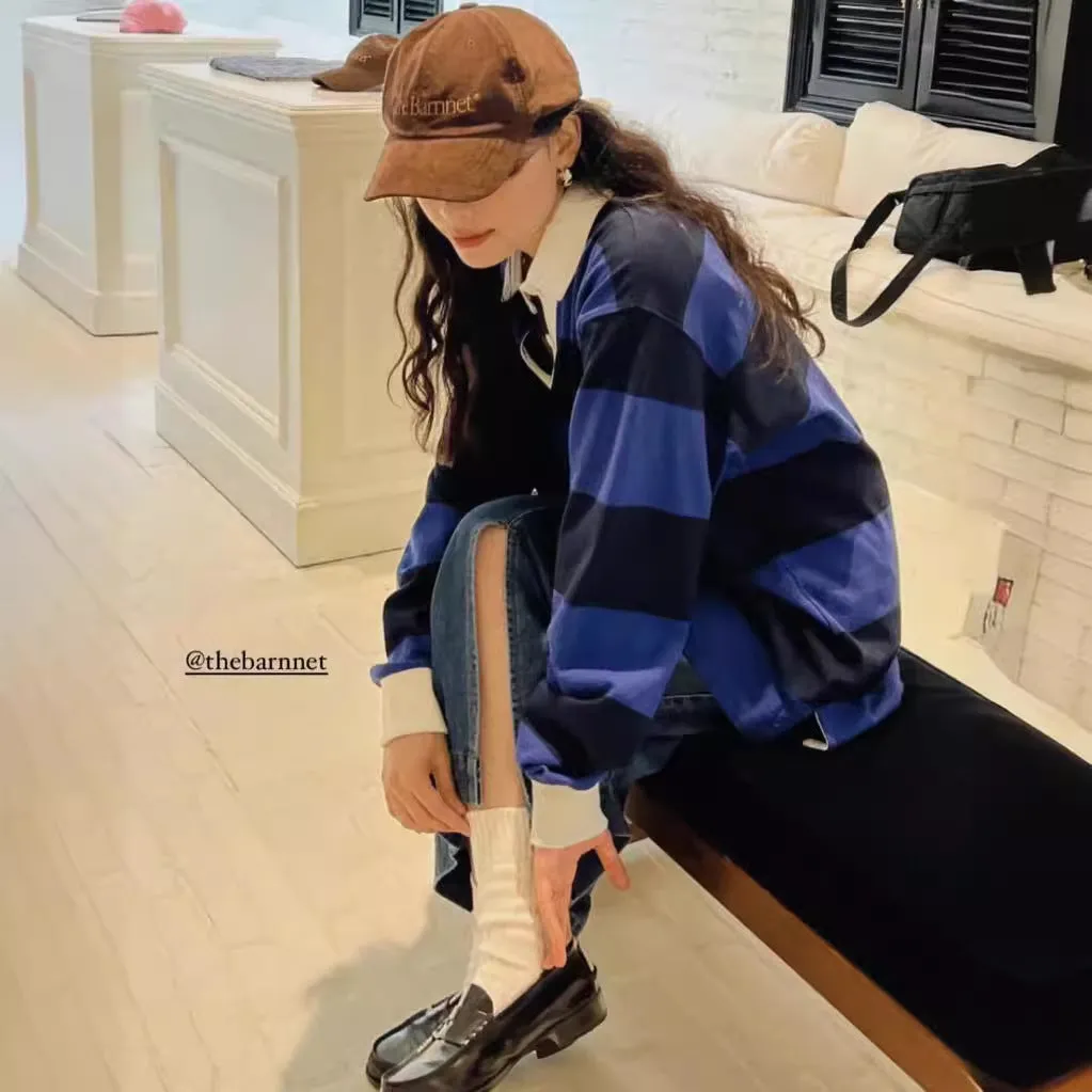 Advbridge rugby shirt outfit Niche Spring New Style Milk Retro Age-Reducing Loose Casual Striped Polo Collar Long Sleeve Top