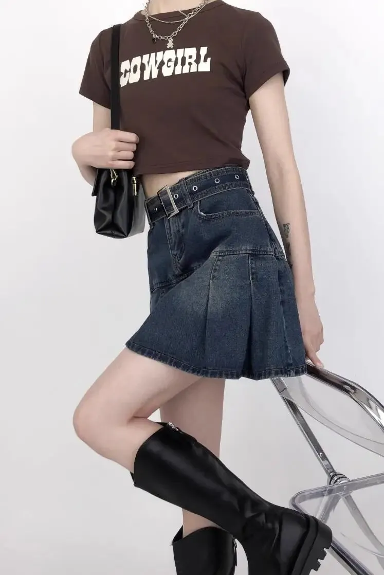 Aiertu Korean Y2K Style Harajuku High Waist High Street Jeans Skirts Summer Women's Sexy Loose Fit Hotsweet Denim Pleated Skirt