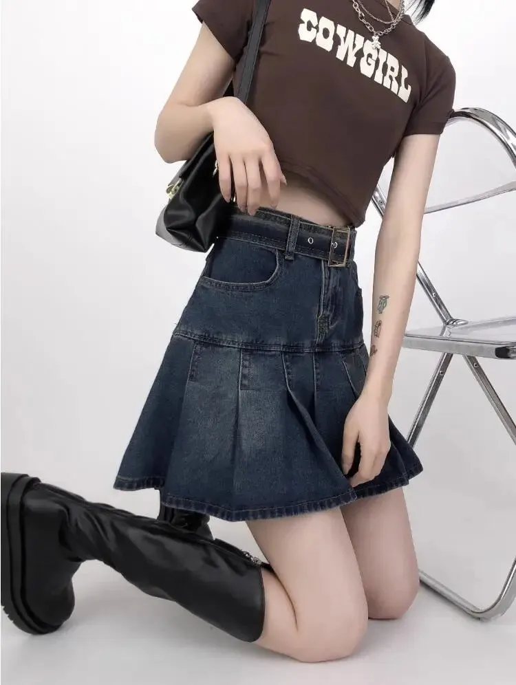 Aiertu Korean Y2K Style Harajuku High Waist High Street Jeans Skirts Summer Women's Sexy Loose Fit Hotsweet Denim Pleated Skirt