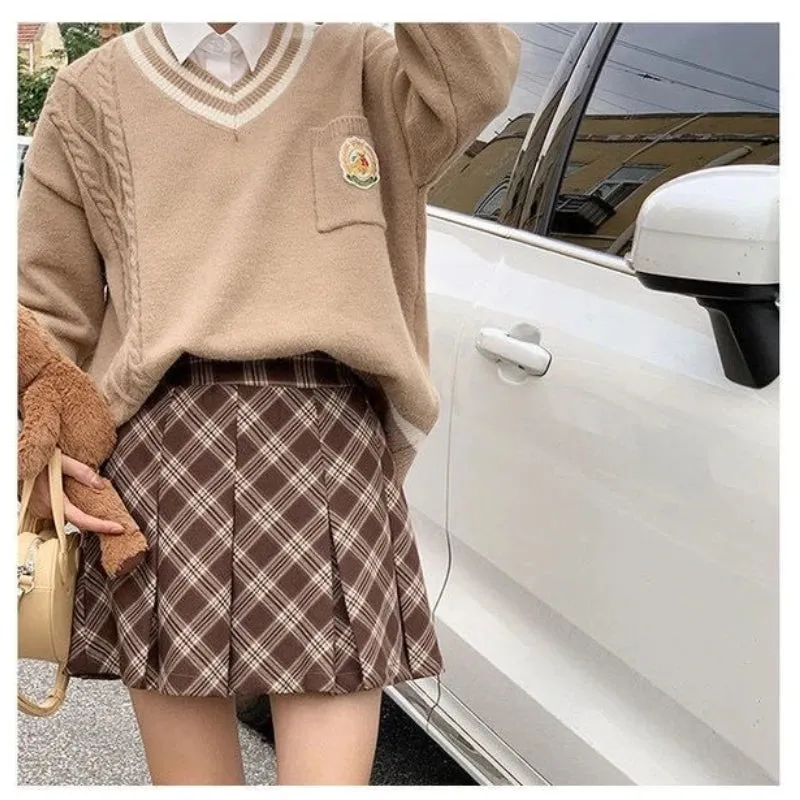 Aiertu Pleated Plaid Skirt Kawaii Preppy Style Women Mini Skirts Vintage Fashion Sweet Korean Style A-line Casual Short Skirt
