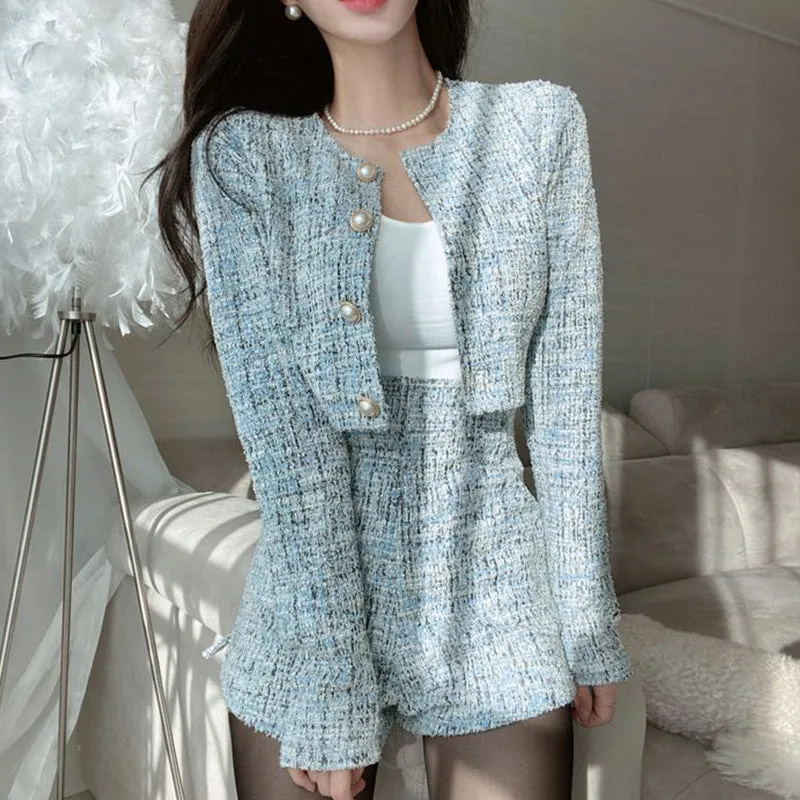 Amozae k drama dress to impress Chic Elegant Chanel Style round Neck Pearl Single-Breasted Short Coat   High Waist Tweed Wide Leg Shorts for Women