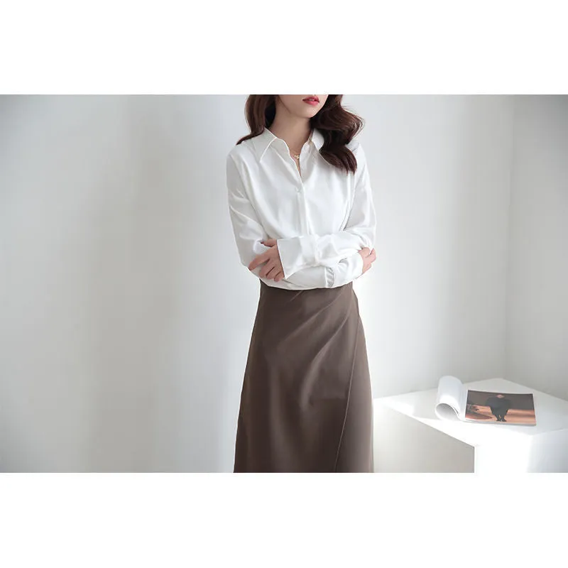 Amozae tomboy fits High-Grade Gray Pointed Collar Shirt Women's Loose Retro Design Sense Niche Temperament Drape Long Sleeve Shirt Fashion