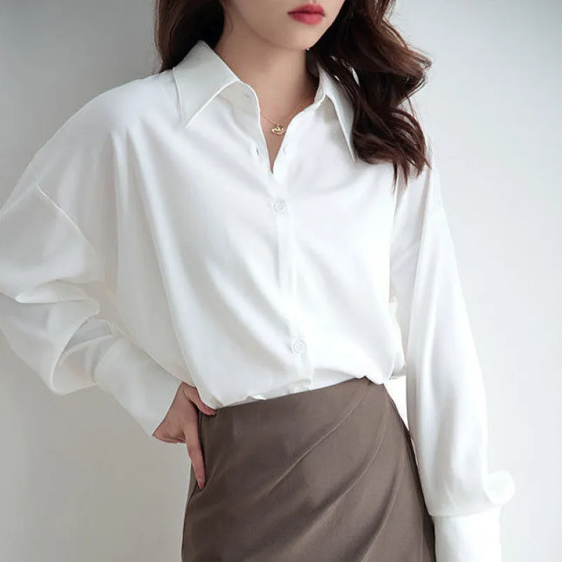 Amozae tomboy fits High-Grade Gray Pointed Collar Shirt Women's Loose Retro Design Sense Niche Temperament Drape Long Sleeve Shirt Fashion