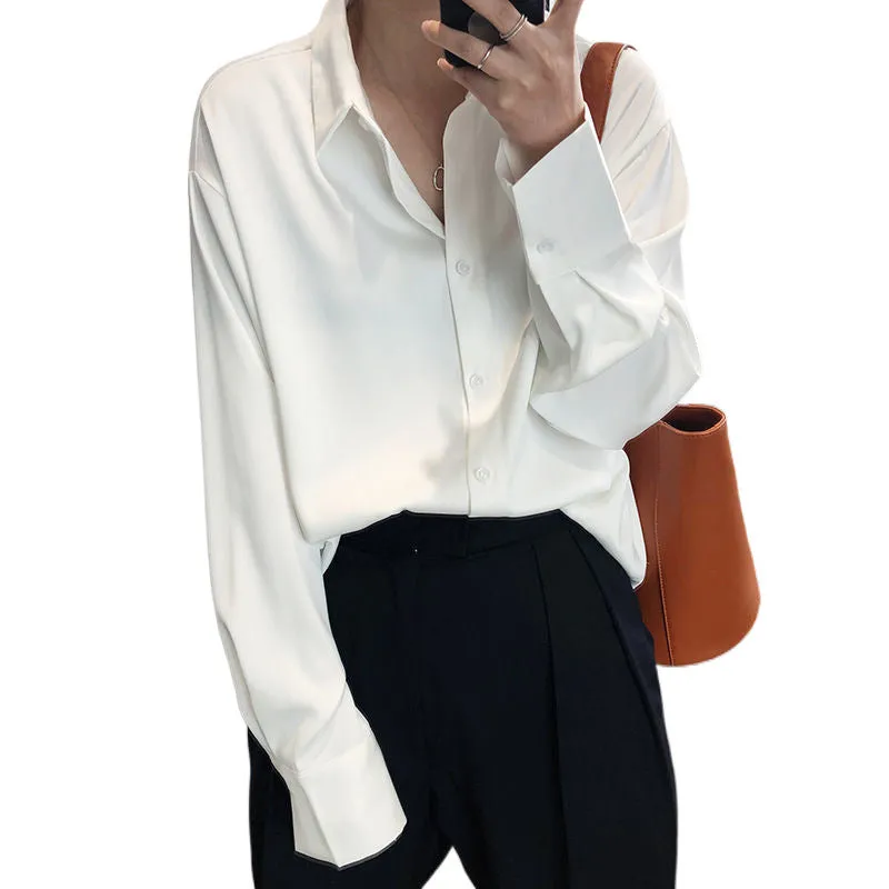 Amozae tomboy fits High-Grade Gray Pointed Collar Shirt Women's Loose Retro Design Sense Niche Temperament Drape Long Sleeve Shirt Fashion