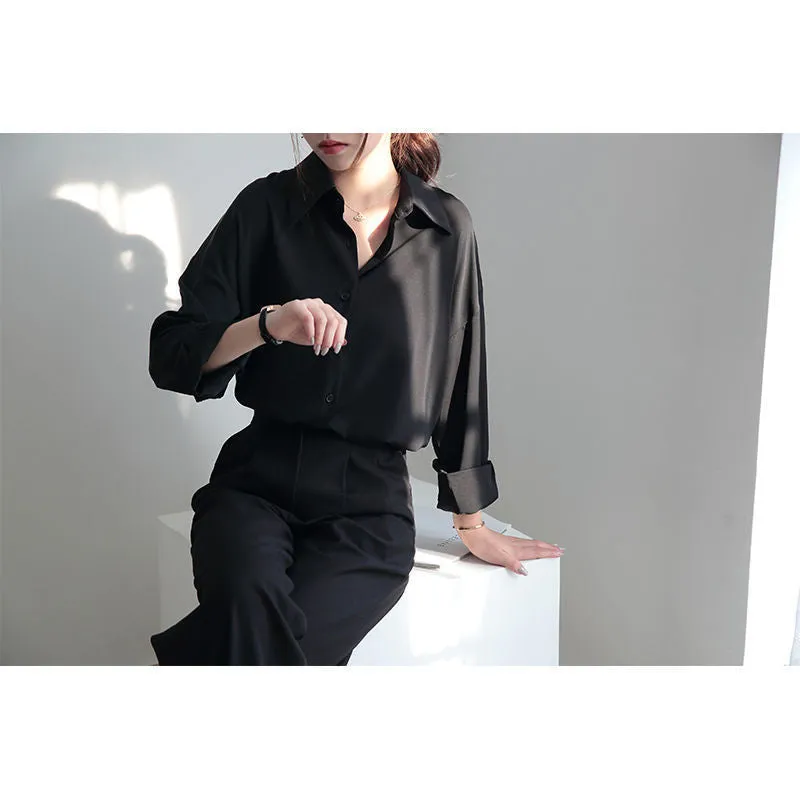 Amozae tomboy fits High-Grade Gray Pointed Collar Shirt Women's Loose Retro Design Sense Niche Temperament Drape Long Sleeve Shirt Fashion