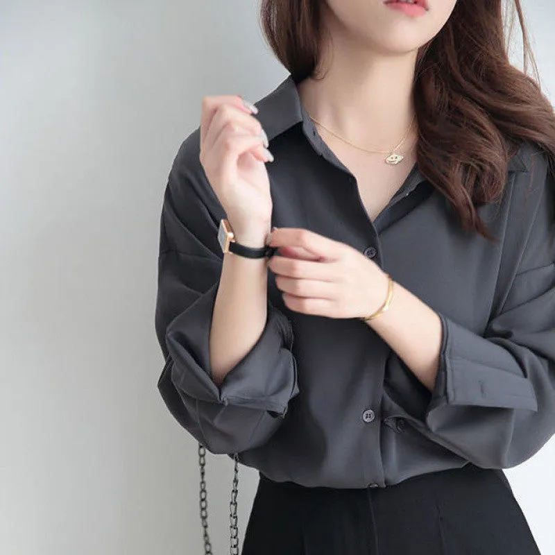 Amozae tomboy fits High-Grade Gray Pointed Collar Shirt Women's Loose Retro Design Sense Niche Temperament Drape Long Sleeve Shirt Fashion