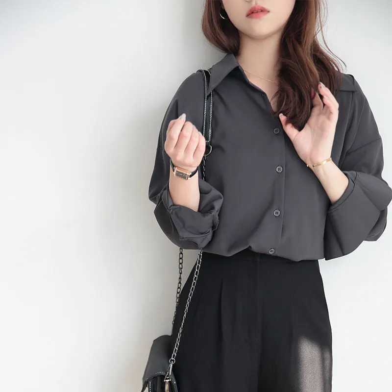 Amozae tomboy fits High-Grade Gray Pointed Collar Shirt Women's Loose Retro Design Sense Niche Temperament Drape Long Sleeve Shirt Fashion