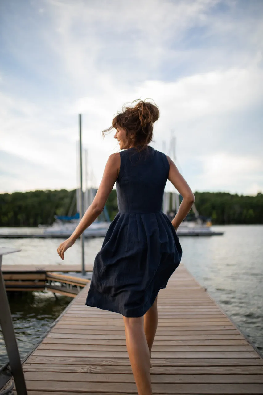June Dress Sleeveless in Navy Linen