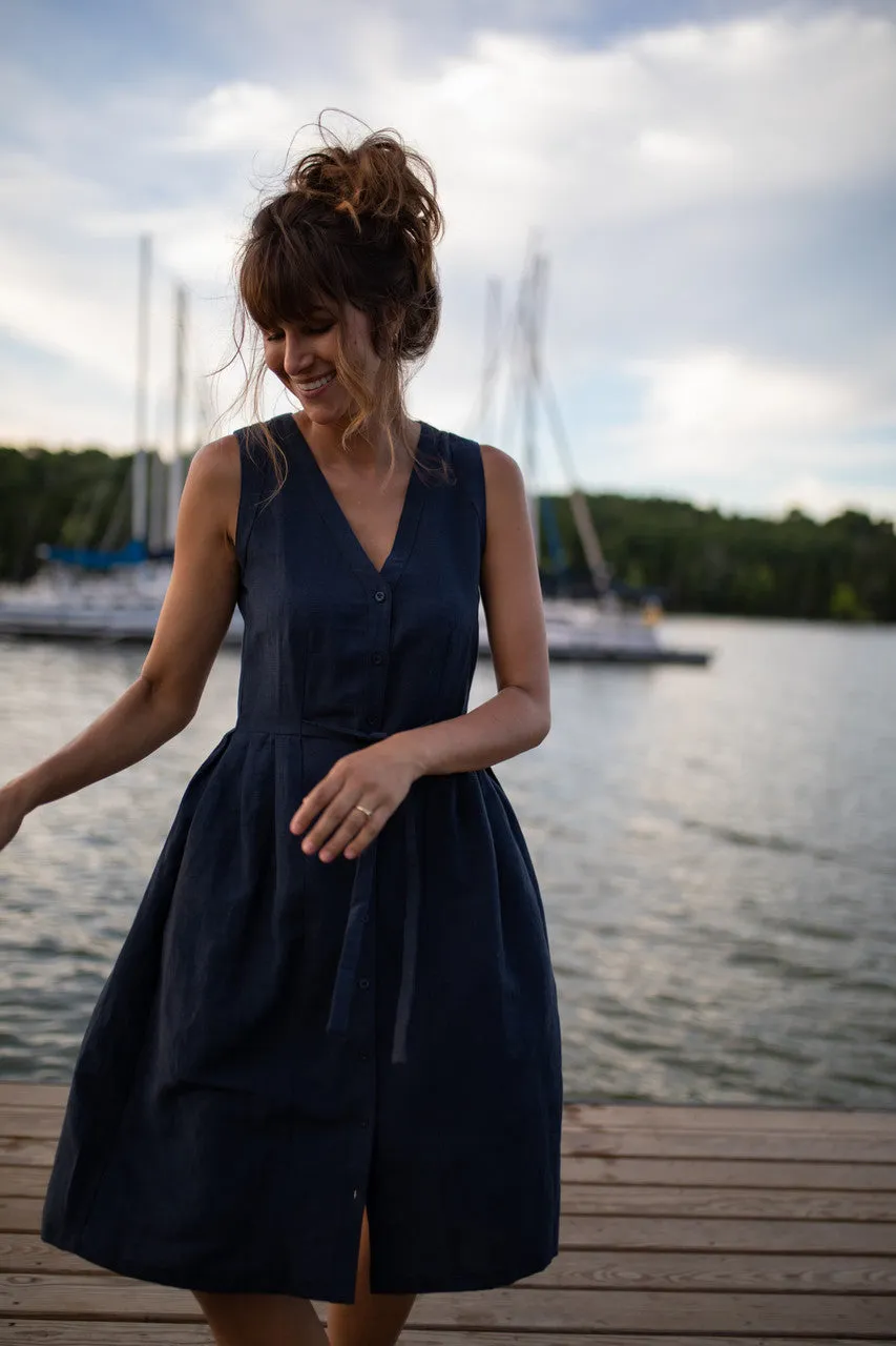 June Dress Sleeveless in Navy Linen