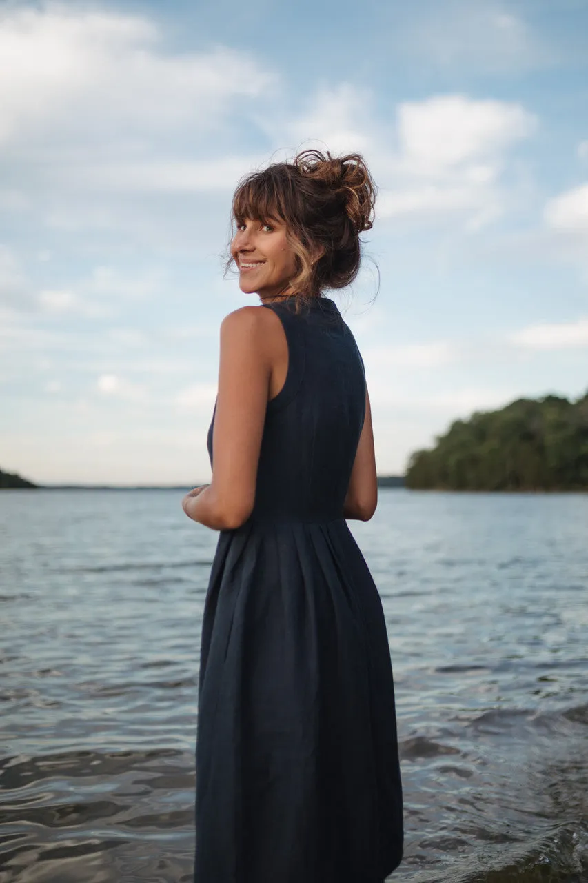 June Dress Sleeveless in Navy Linen
