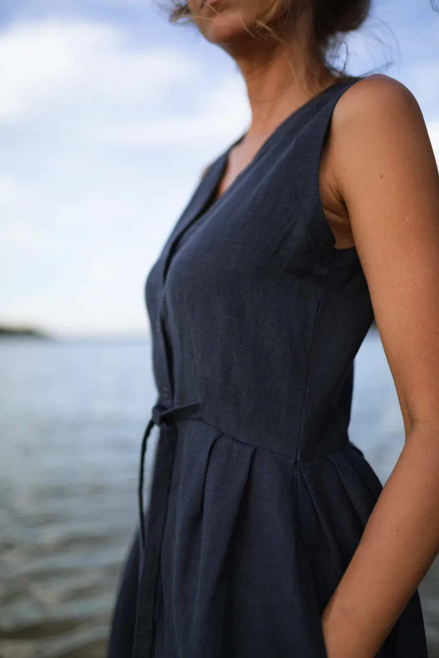 June Dress Sleeveless in Navy Linen