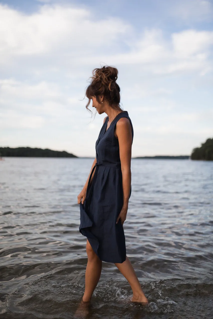June Dress Sleeveless in Navy Linen