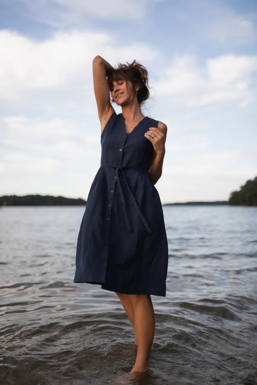 June Dress Sleeveless in Navy Linen