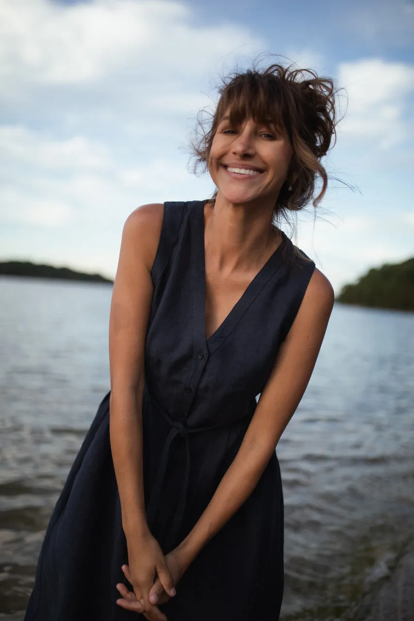 June Dress Sleeveless in Navy Linen