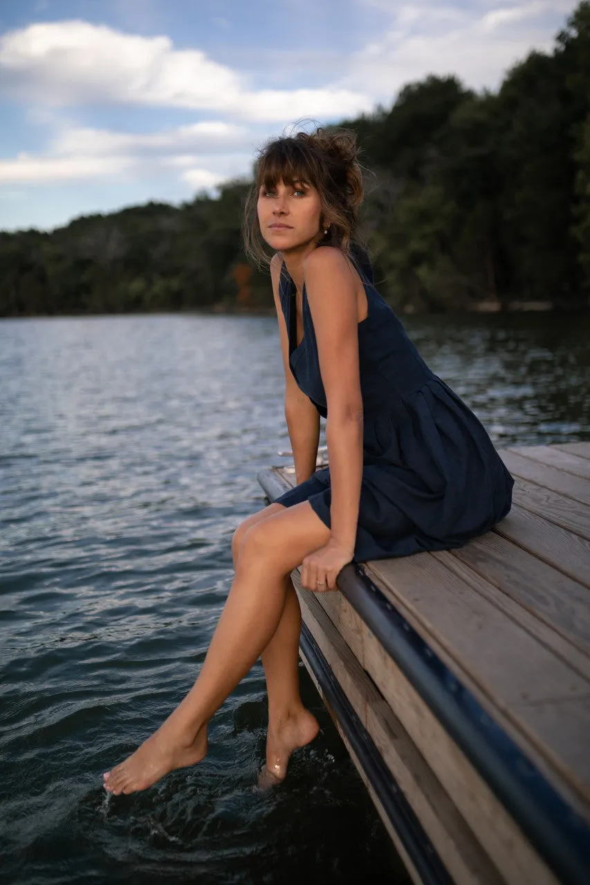 June Dress Sleeveless in Navy Linen