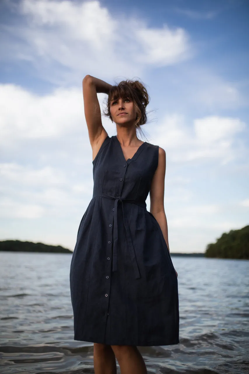 June Dress Sleeveless in Navy Linen