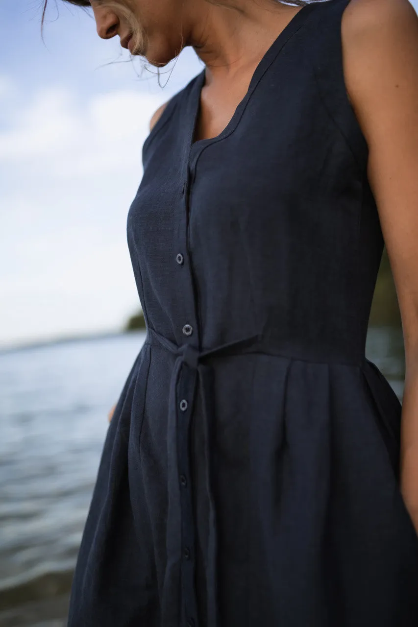 June Dress Sleeveless in Navy Linen