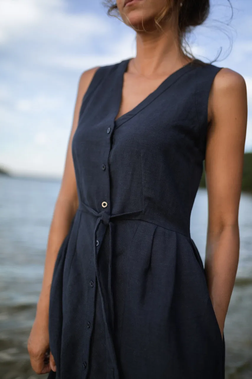 June Dress Sleeveless in Navy Linen