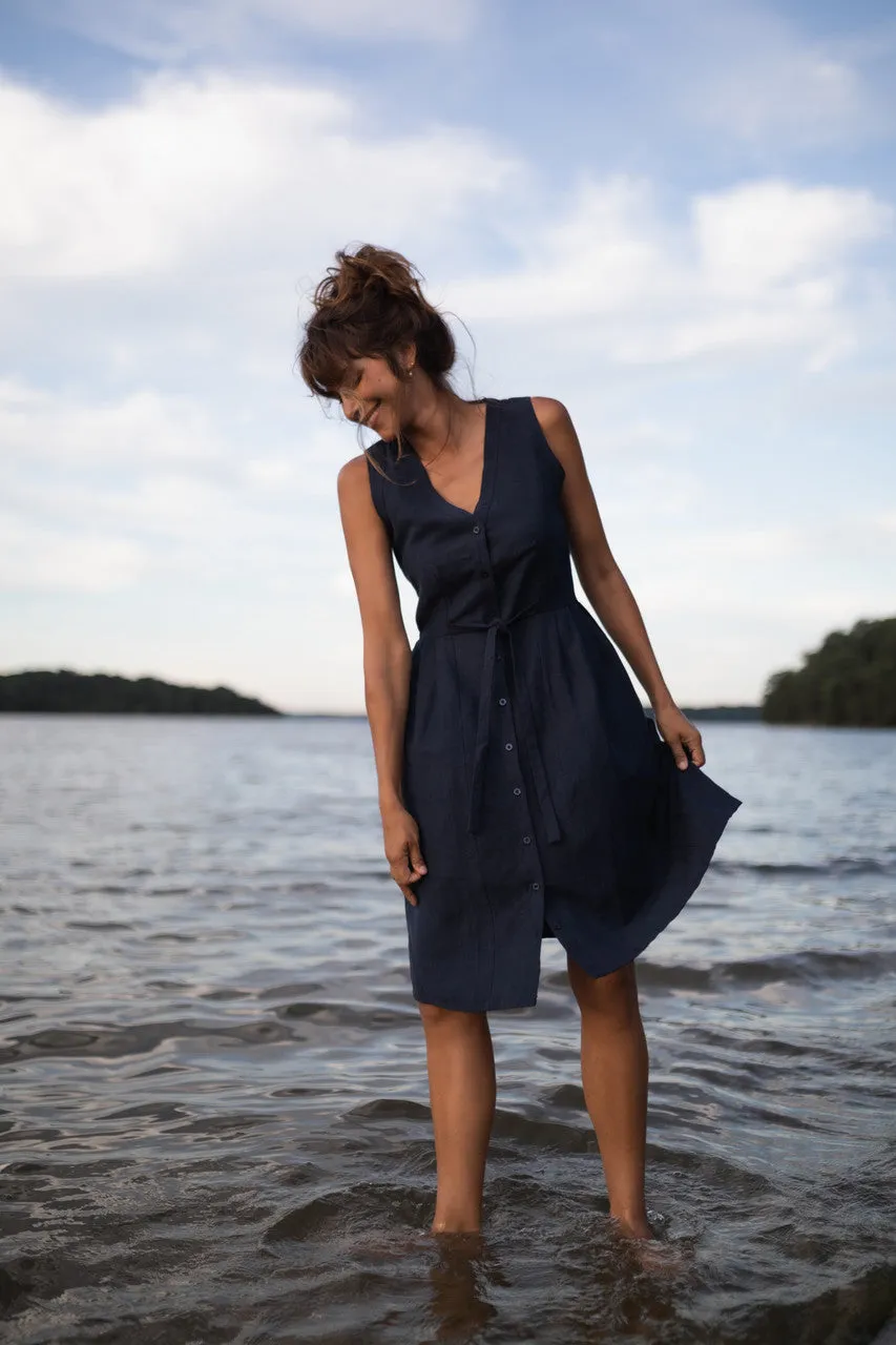 June Dress Sleeveless in Navy Linen