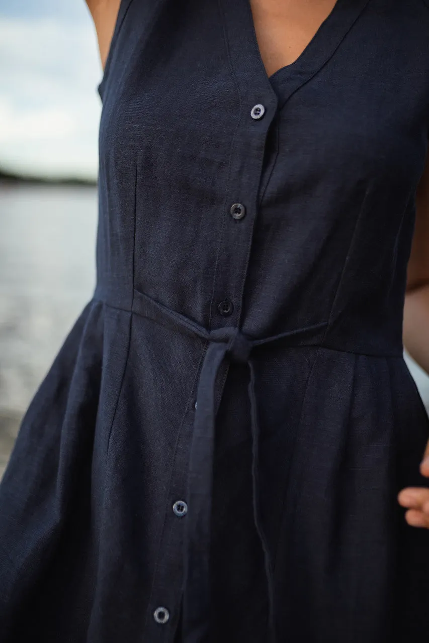 June Dress Sleeveless in Navy Linen