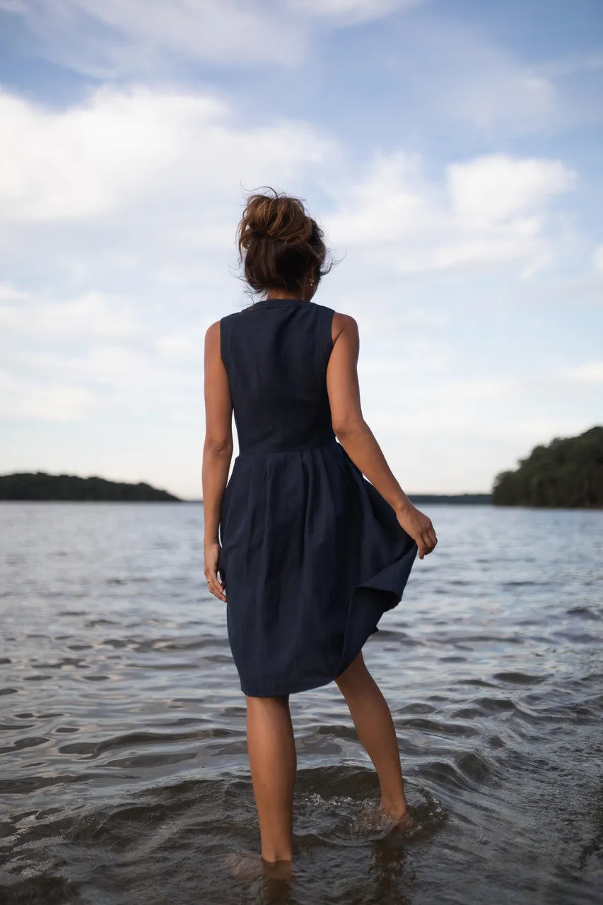 June Dress Sleeveless in Navy Linen