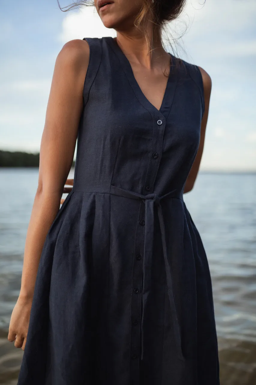 June Dress Sleeveless in Navy Linen