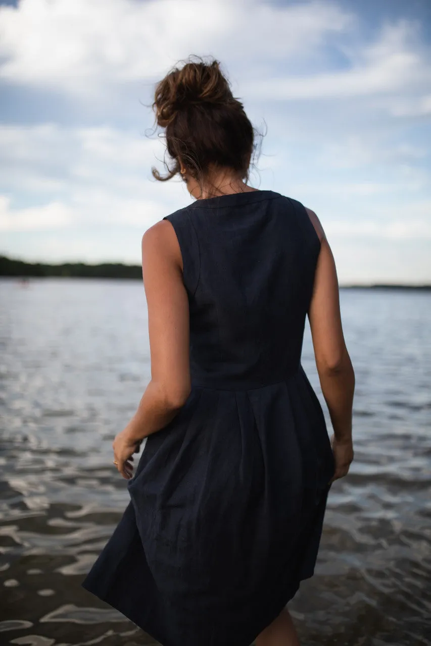 June Dress Sleeveless in Navy Linen