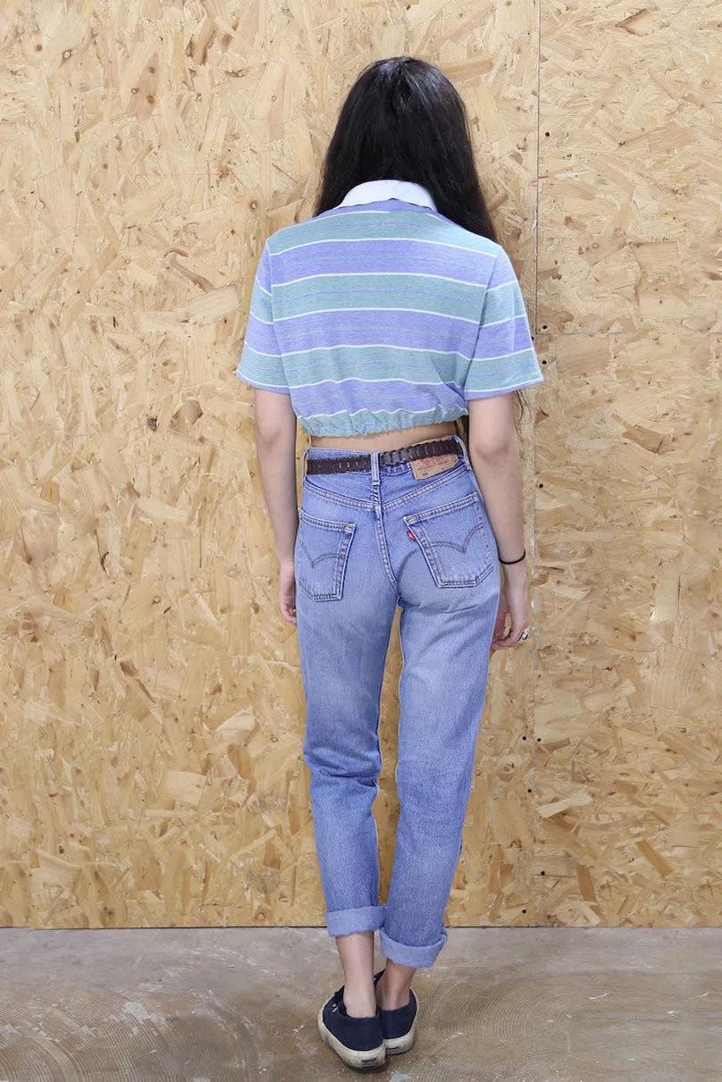 Lacoste Cropped Polo Shirt in Blue and Green Stripe