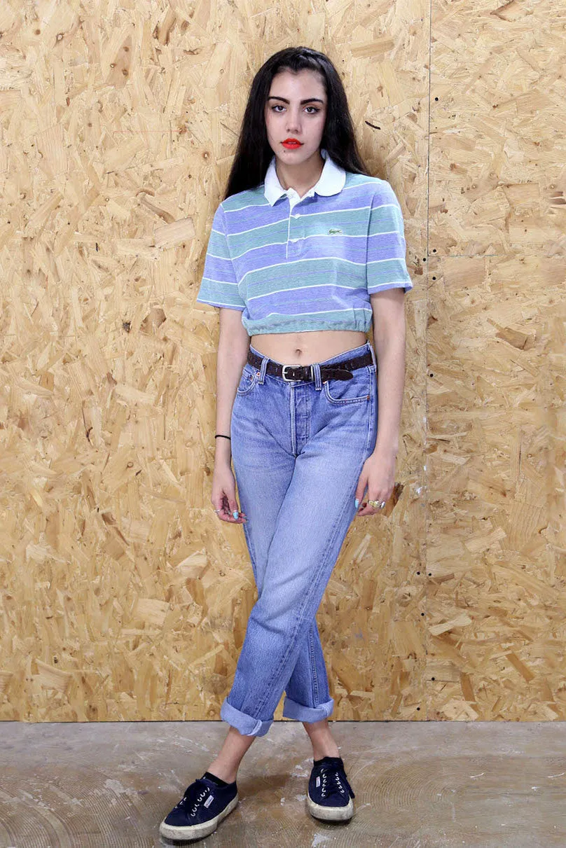 Lacoste Cropped Polo Shirt in Blue and Green Stripe
