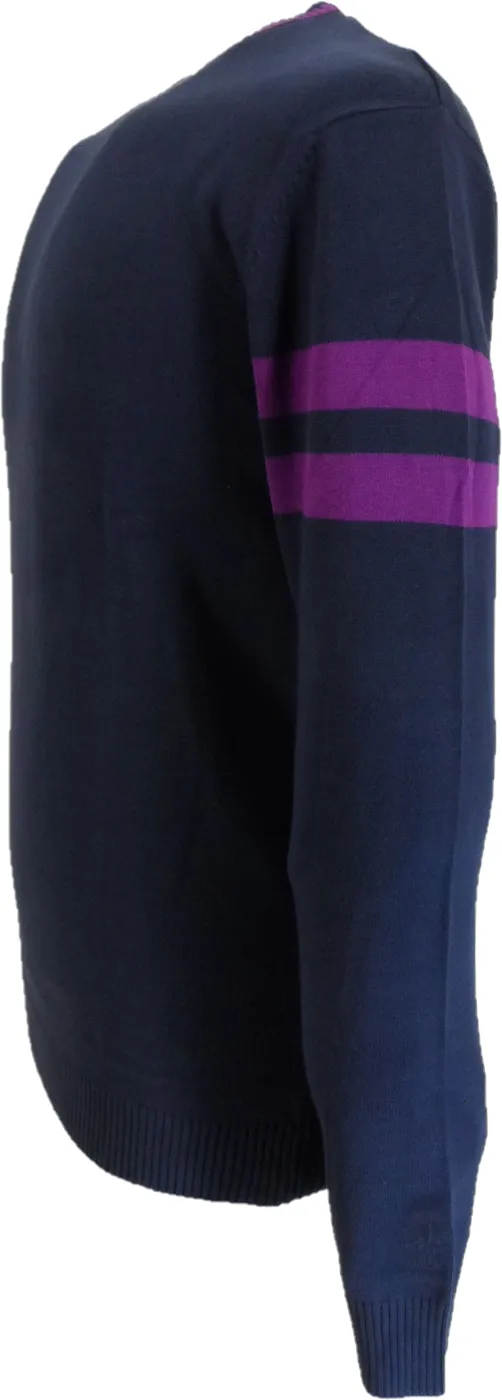 Madcap England Mens Navy/Purple Stripe Sleeve Mod Knit Jumper