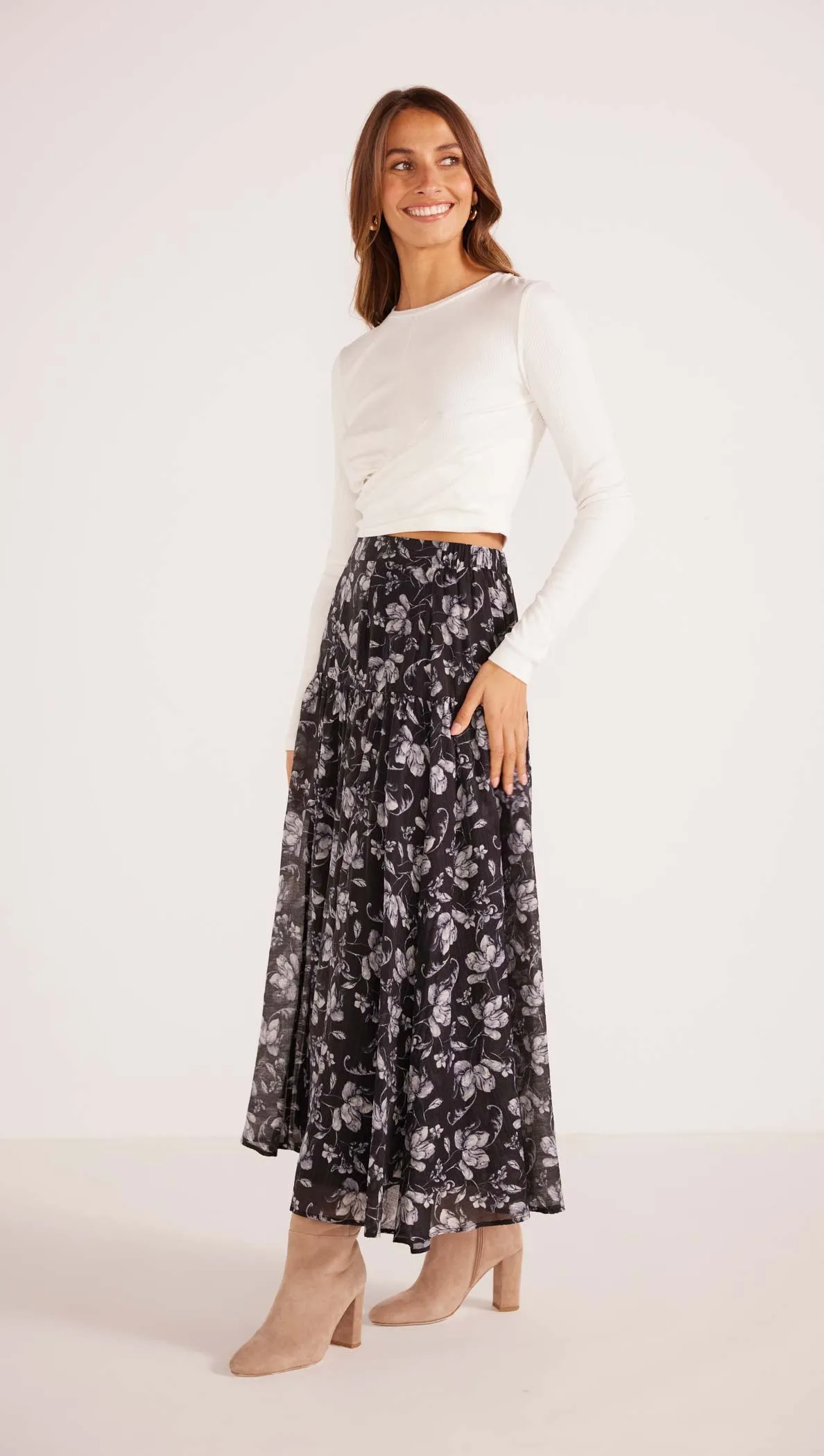 Mink Pink Luzette Midi Skirt - Black Floral
