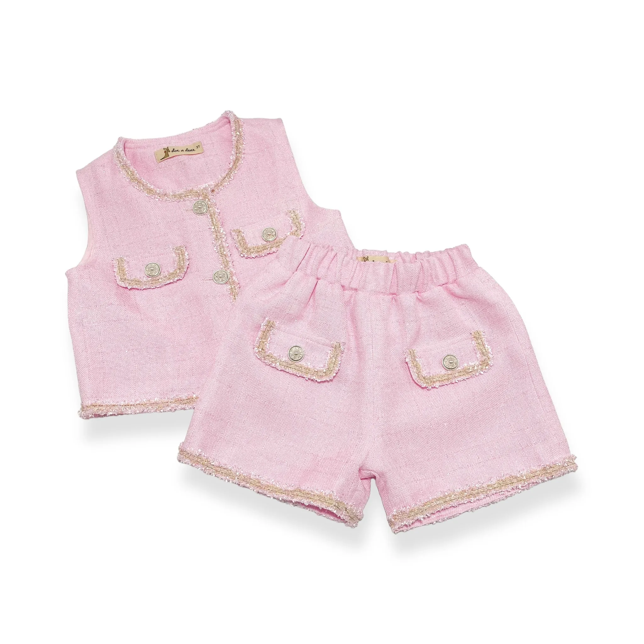 Novelty Button Tweed Vest -pink