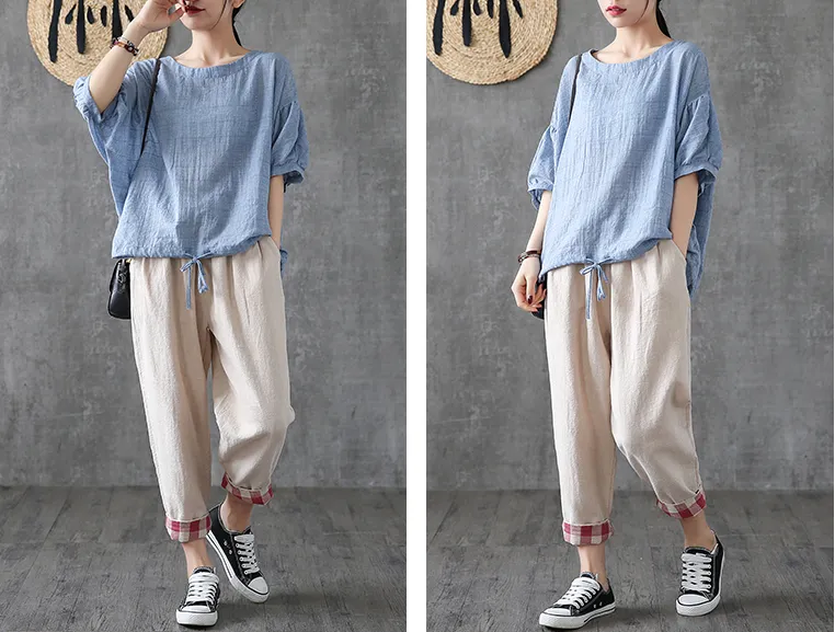 Plaid Short Sleeve Summer Women Casual Blouse Cotton Shirts Tops DZA2006132