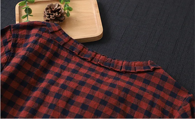 Plaid Women Casual Blouse Cotton Linen Shirts Tops DZA200851