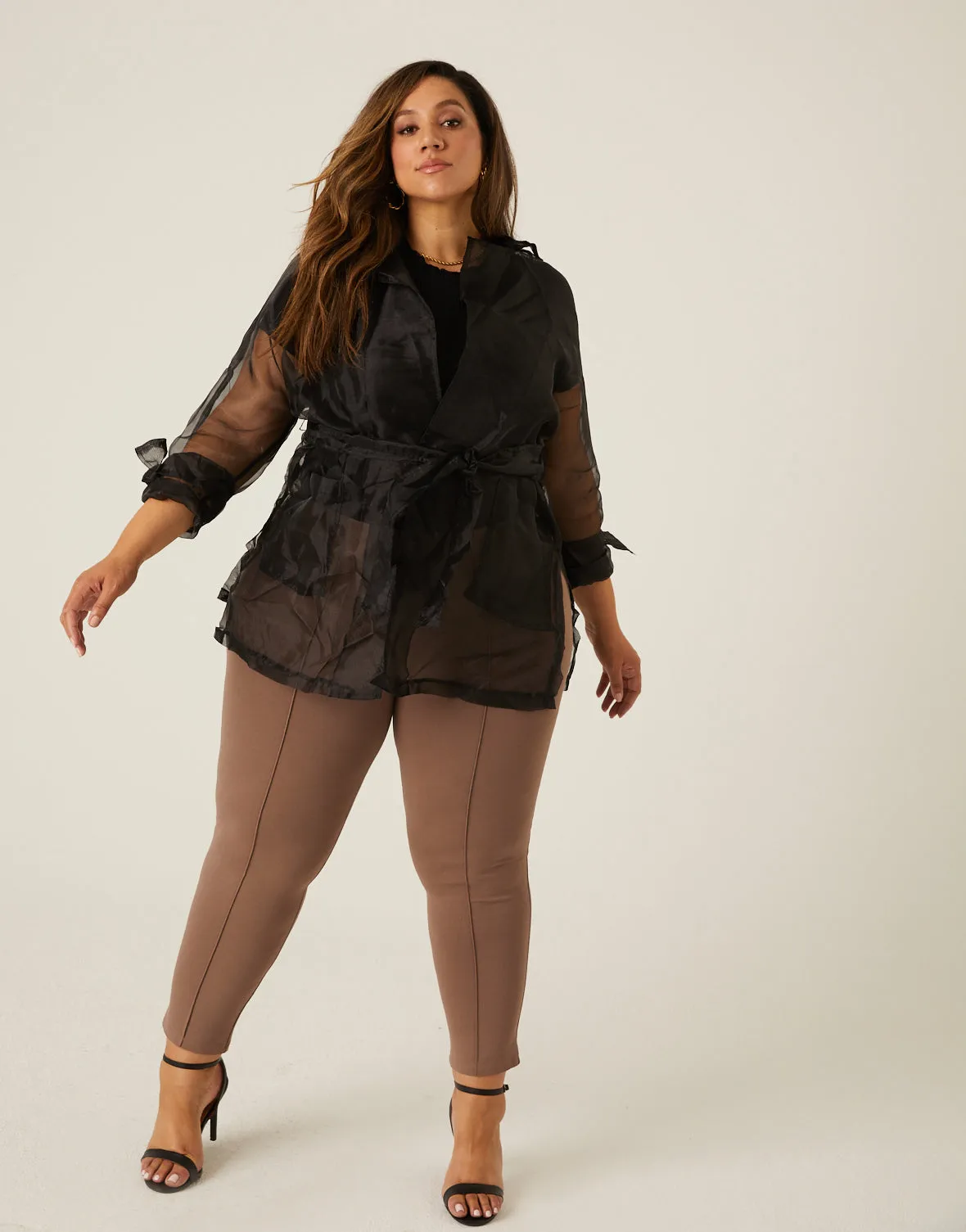 Plus Size Sheer Belted Cardigan