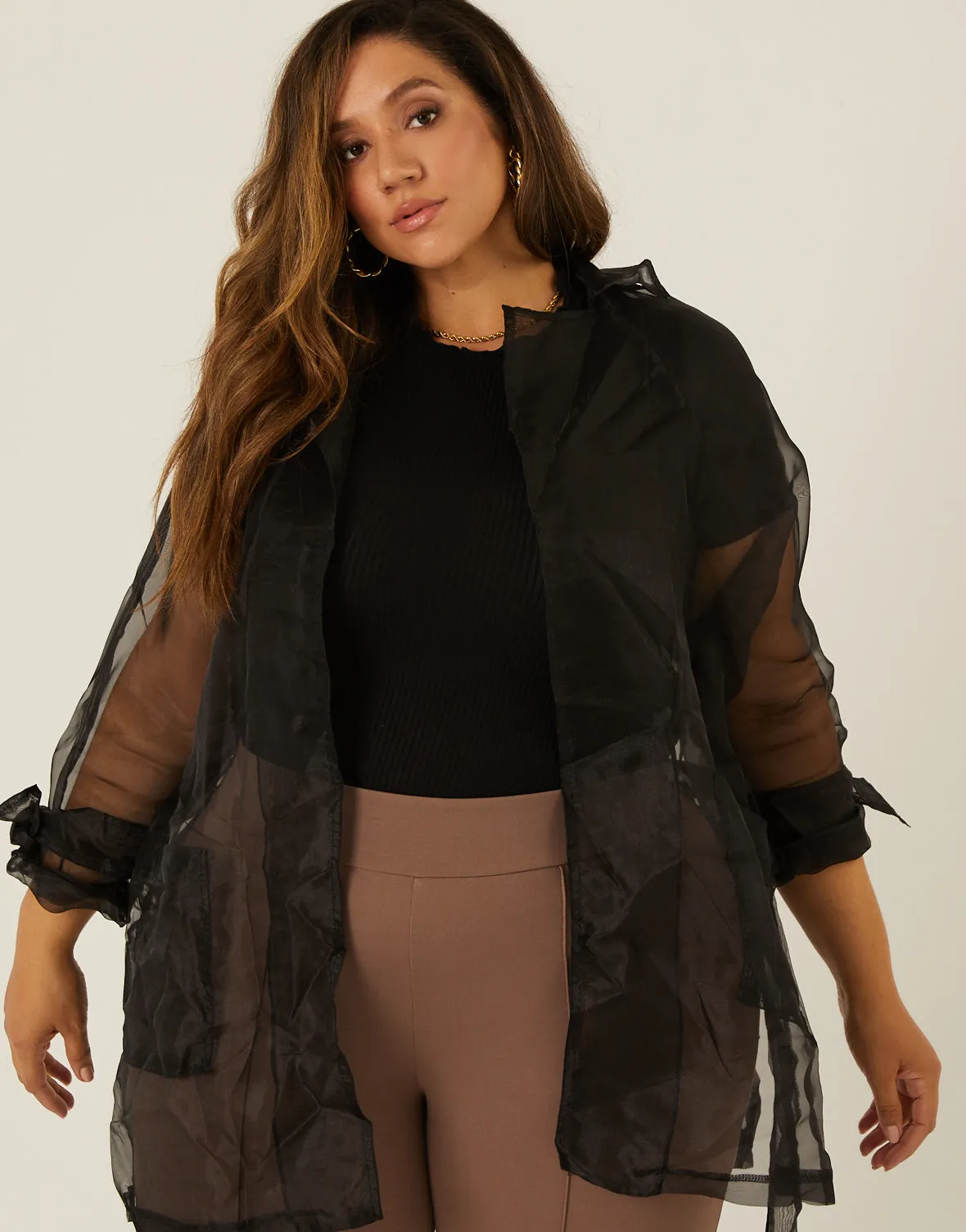 Plus Size Sheer Belted Cardigan