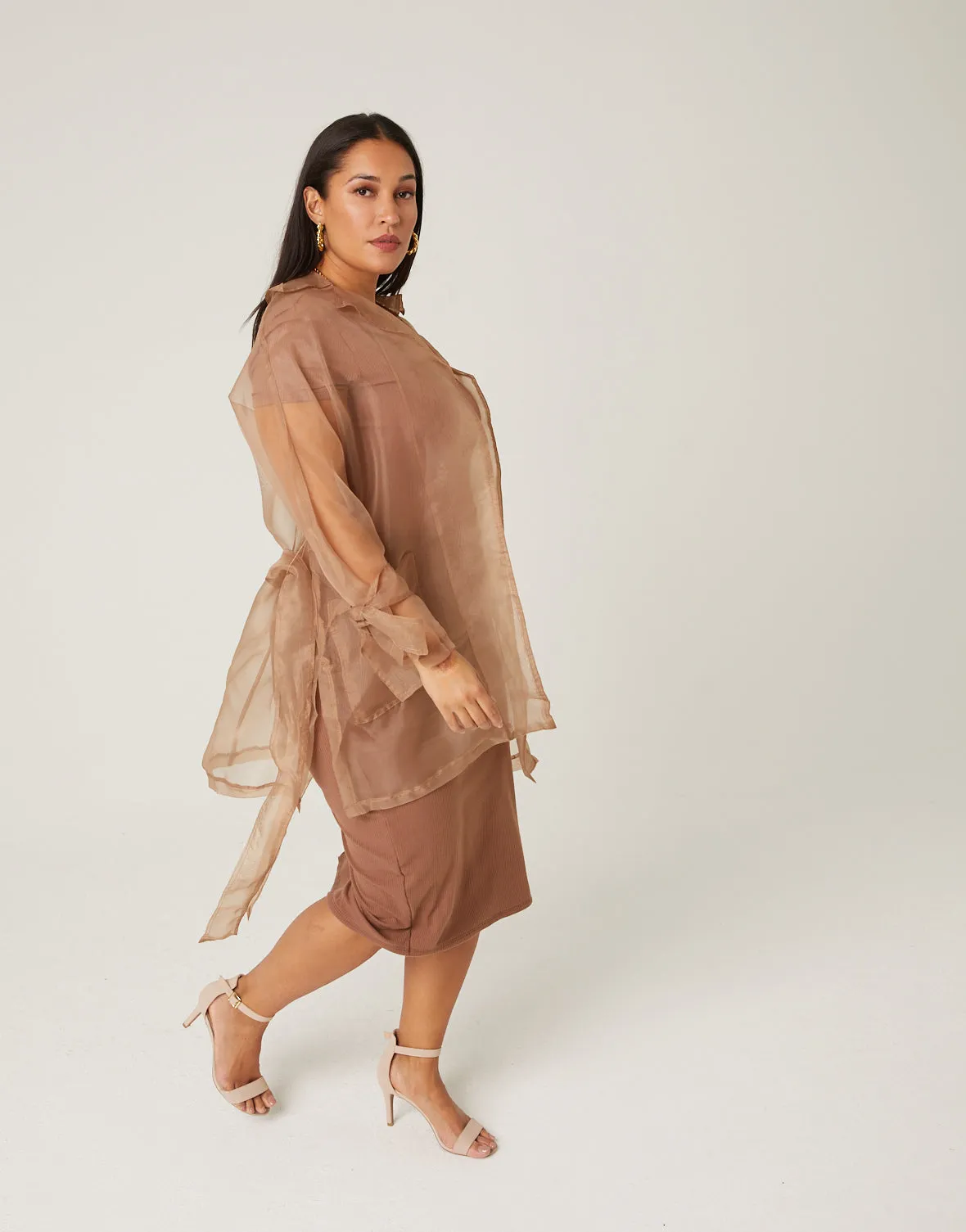 Plus Size Sheer Belted Cardigan