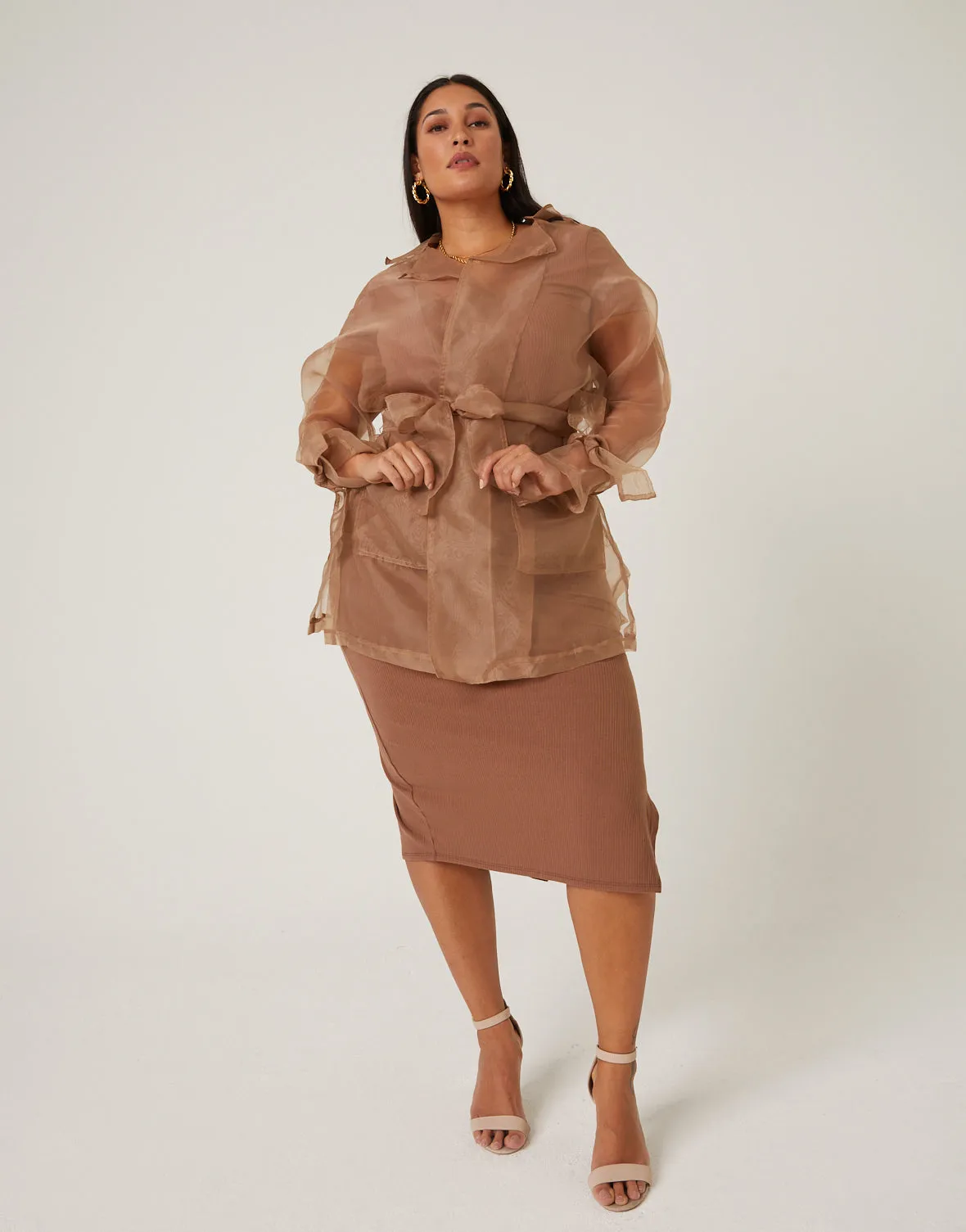 Plus Size Sheer Belted Cardigan