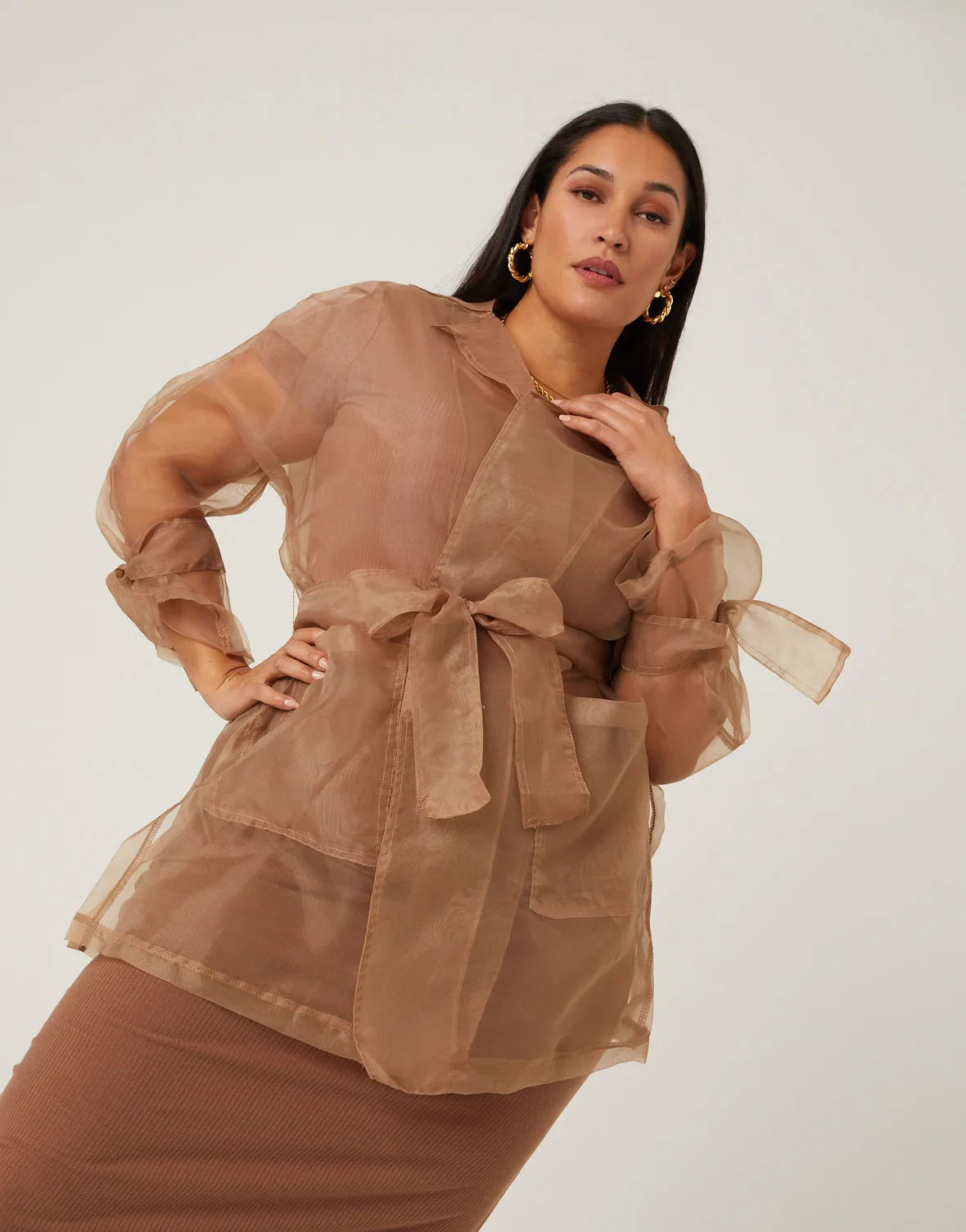 Plus Size Sheer Belted Cardigan