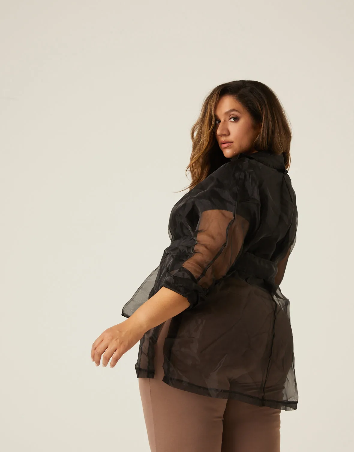 Plus Size Sheer Belted Cardigan