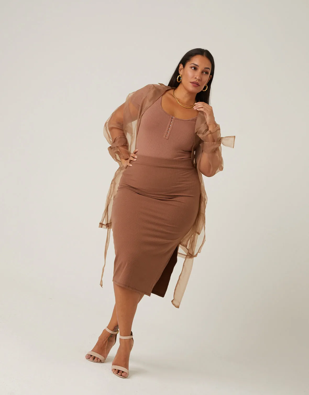 Plus Size Sheer Belted Cardigan