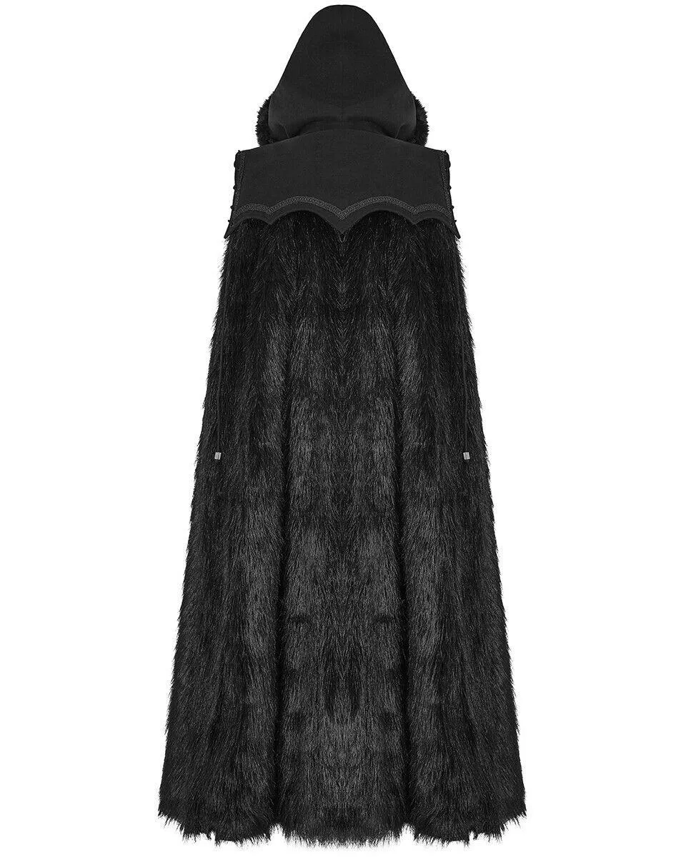 Punk Rave Mens Gothic Cloak Coat Black Faux Fur Hooded Steampunk Knight GOT LARP