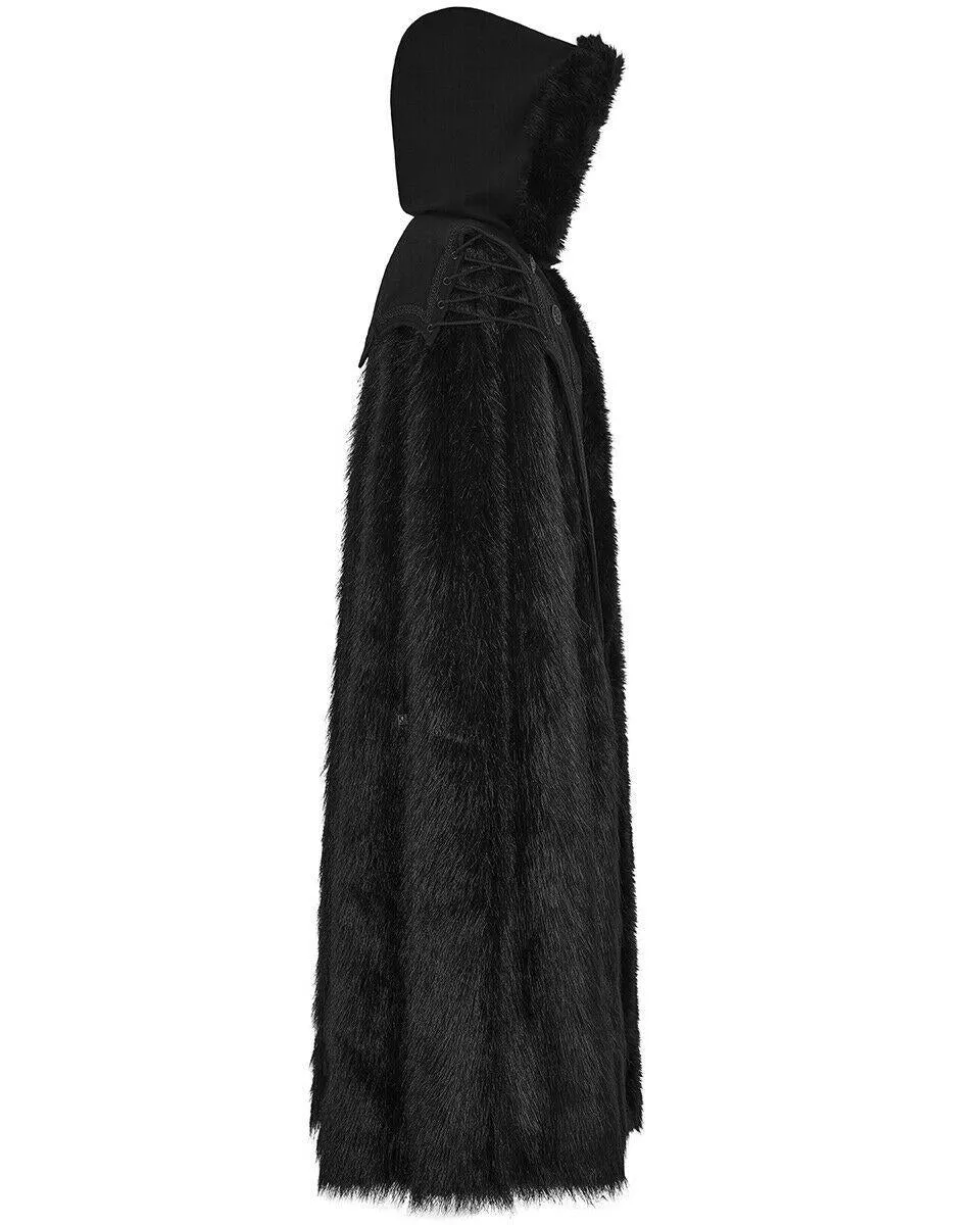 Punk Rave Mens Gothic Cloak Coat Black Faux Fur Hooded Steampunk Knight GOT LARP