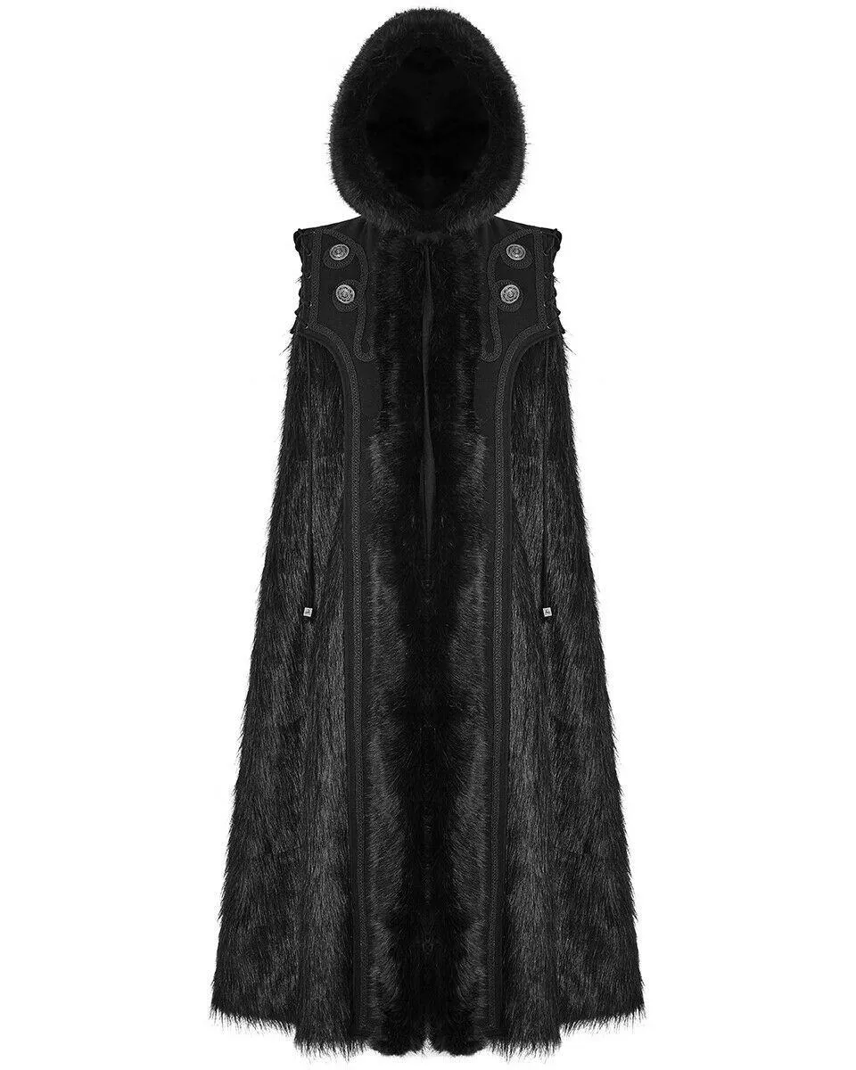 Punk Rave Mens Gothic Cloak Coat Black Faux Fur Hooded Steampunk Knight GOT LARP