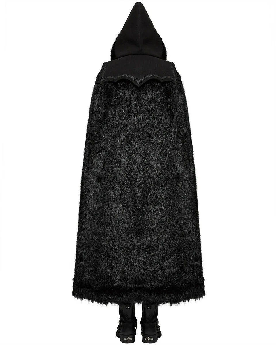 Punk Rave Mens Gothic Cloak Coat Black Faux Fur Hooded Steampunk Knight GOT LARP