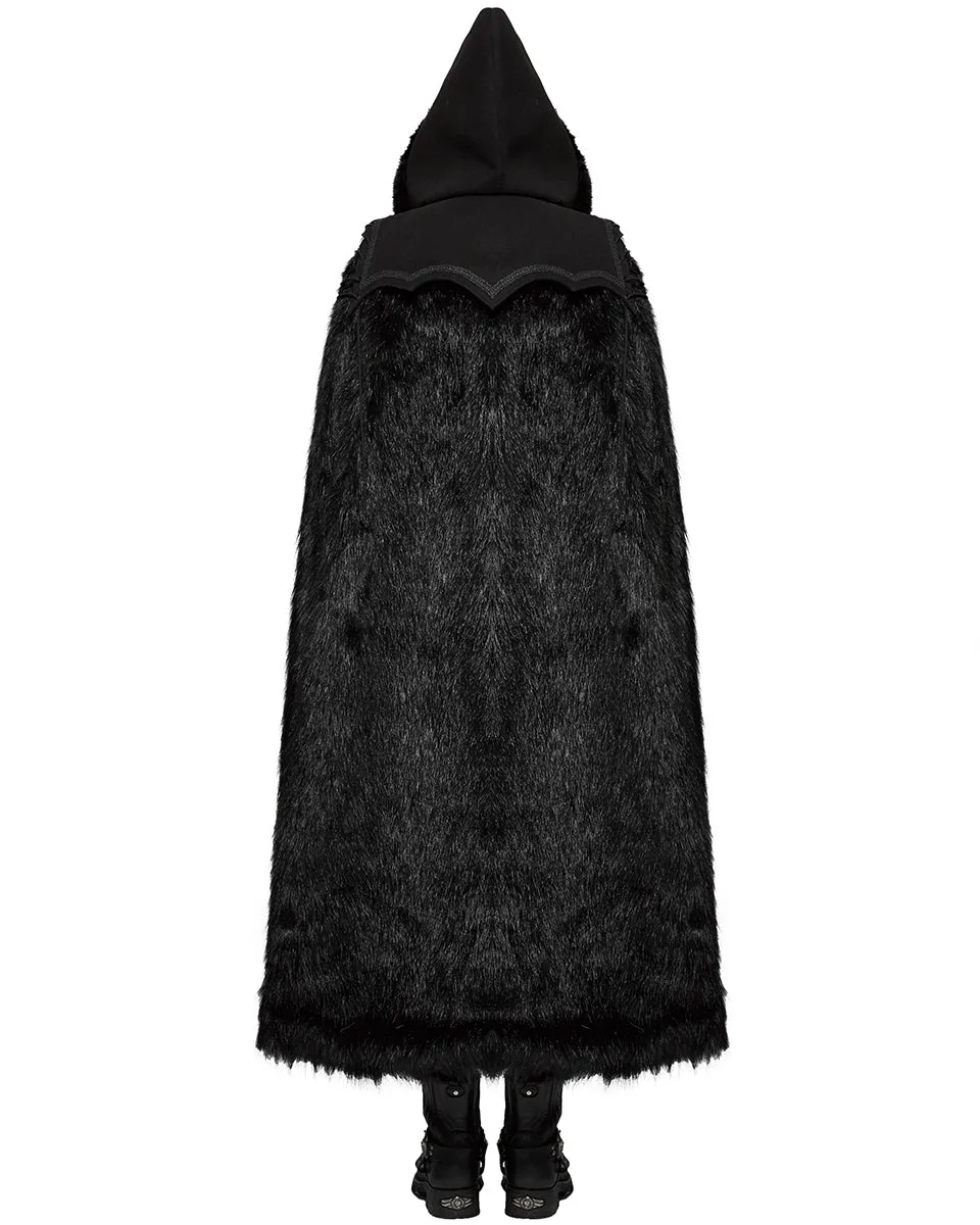 Punk Rave Mens Gothic Cloak Coat Black Faux Fur Hooded Steampunk Knight GOT LARP
