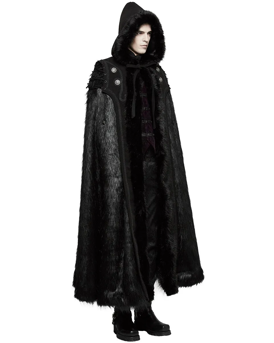 Punk Rave Mens Gothic Cloak Coat Black Faux Fur Hooded Steampunk Knight GOT LARP