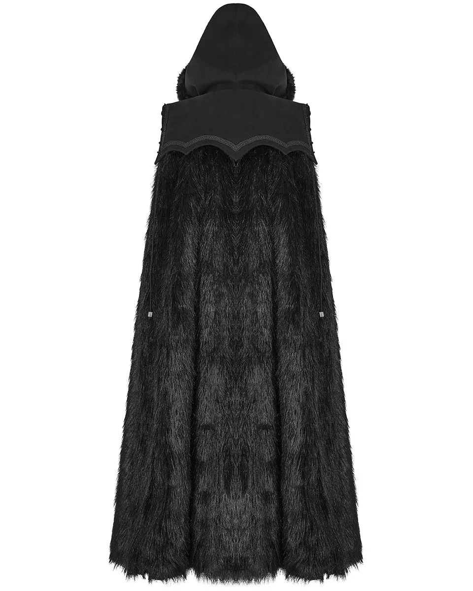 Punk Rave Mens Gothic Cloak Coat Black Faux Fur Hooded Steampunk Knight GOT LARP