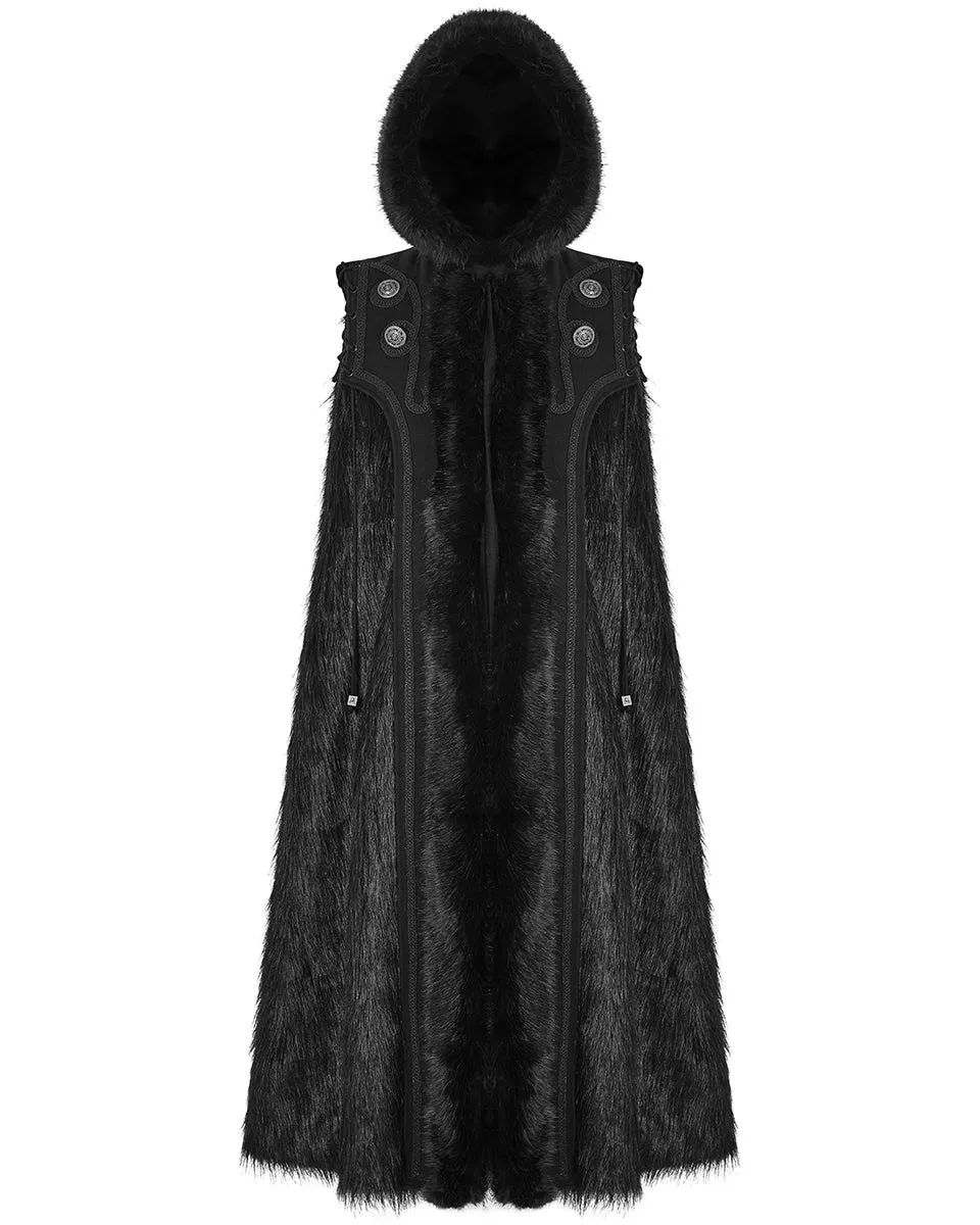 Punk Rave Mens Gothic Cloak Coat Black Faux Fur Hooded Steampunk Knight GOT LARP