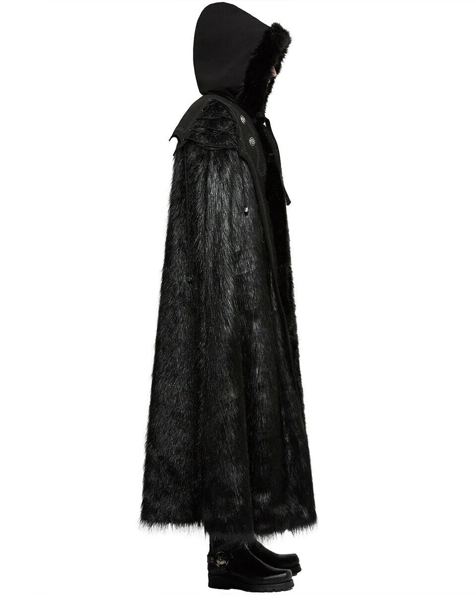 Punk Rave Mens Gothic Cloak Coat Black Faux Fur Hooded Steampunk Knight GOT LARP